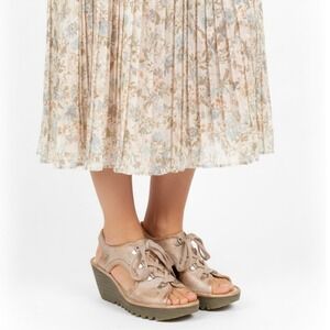 Fly London Ylfa Luna Lace Up Wedge Sandals Rose Gold Pearl Women's Size 38 US 8